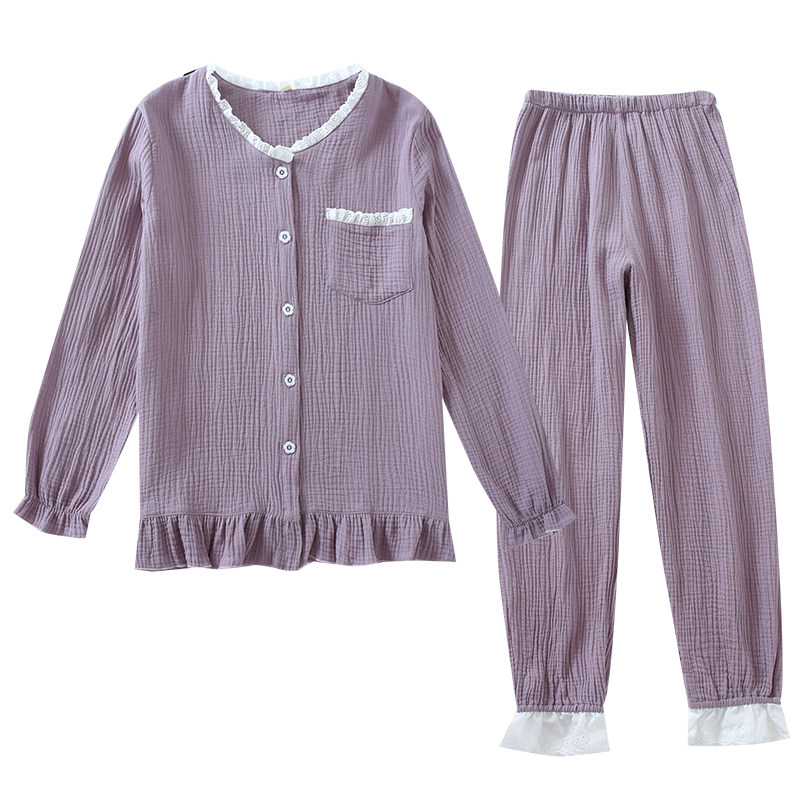 春秋纱布睡衣女夏季全棉双层绉布长袖家居服套装无领开衫薄款,女士内衣/男士内衣/家居服,睡衣/家居服套装,淘宝优惠券,粉丝福利购,淘宝优惠卷