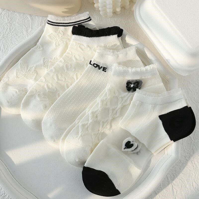 白色袜子女短袜夏季薄款水晶袜学生可爱百搭女款翻纱浮雕透气船袜