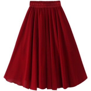 跳舞裙子舞蹈裙红色雪纺半身裙中长款过膝小个子下半身大摆中长裙