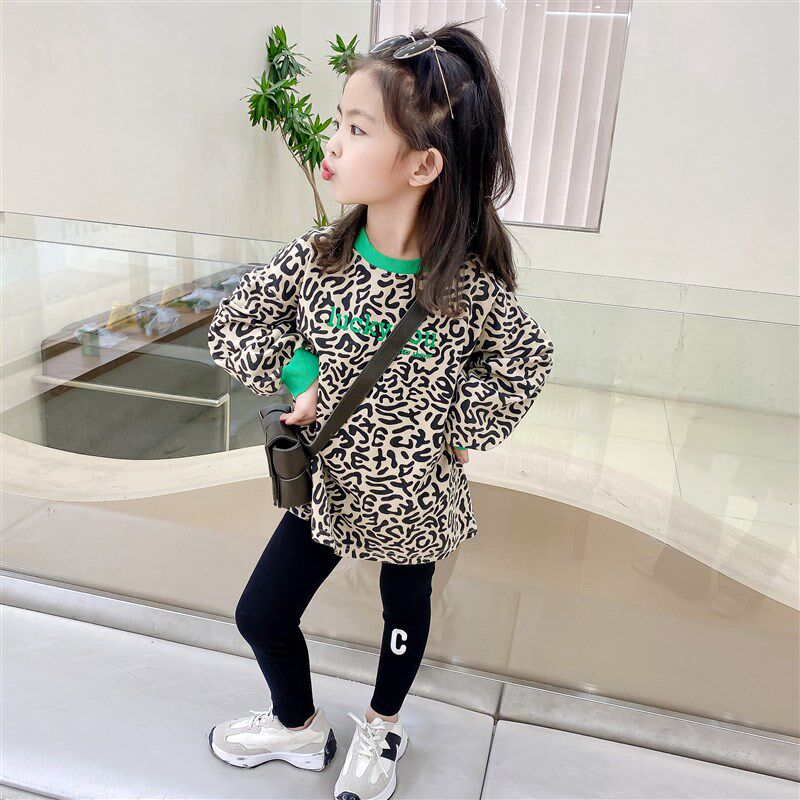 2023女c童春装新款中长版豹纹T恤裙子洋派时髦幼儿休闲上衣裙洋装