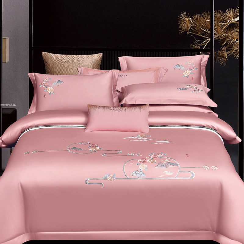 婚庆全棉床上四件套100支新中式刺绣喜被套粉色床单结婚床品,床上用品,婚庆床品套件,淘宝优惠券,粉丝福利购,淘宝优惠卷