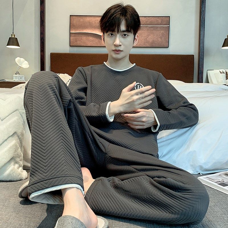 睡衣男款秋冬季加厚空气棉夹层男生休闲大码套头家居服可外穿