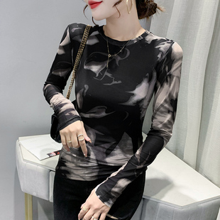 复古印染打底衫女春秋p2022新款气质网纱长袖T恤紧身内搭圆领上衣