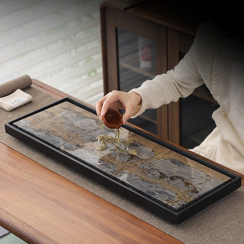 整块乌金石茶盘日式家用简约石头小茶台石板石材茶海功夫茶具托盘