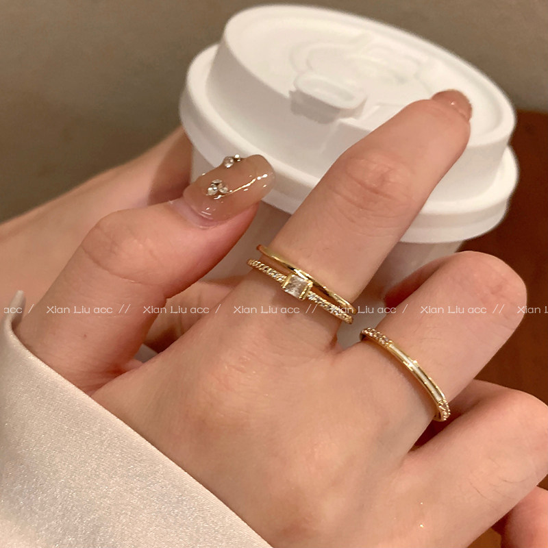 现货法式复古双层锆石戒指女小众设计高级感指环轻U奢简约气质金