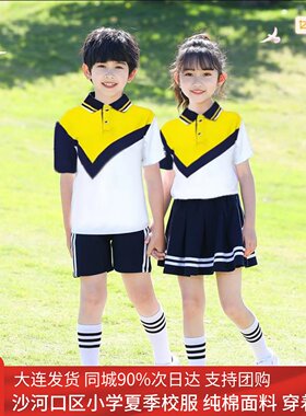 纯棉大连市沙河口区夏季中小学生校服 夏季男孩上衣短裤 女孩短裙