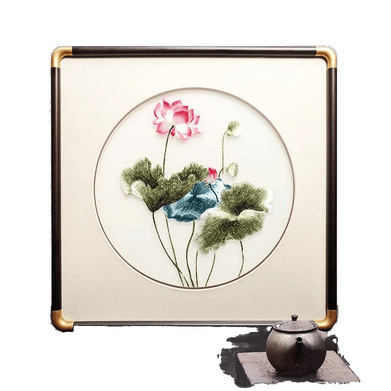 中式荷花刺绣装饰画禅意玄关客厅墙壁画成品卧室苏绣墙上挂画图片
