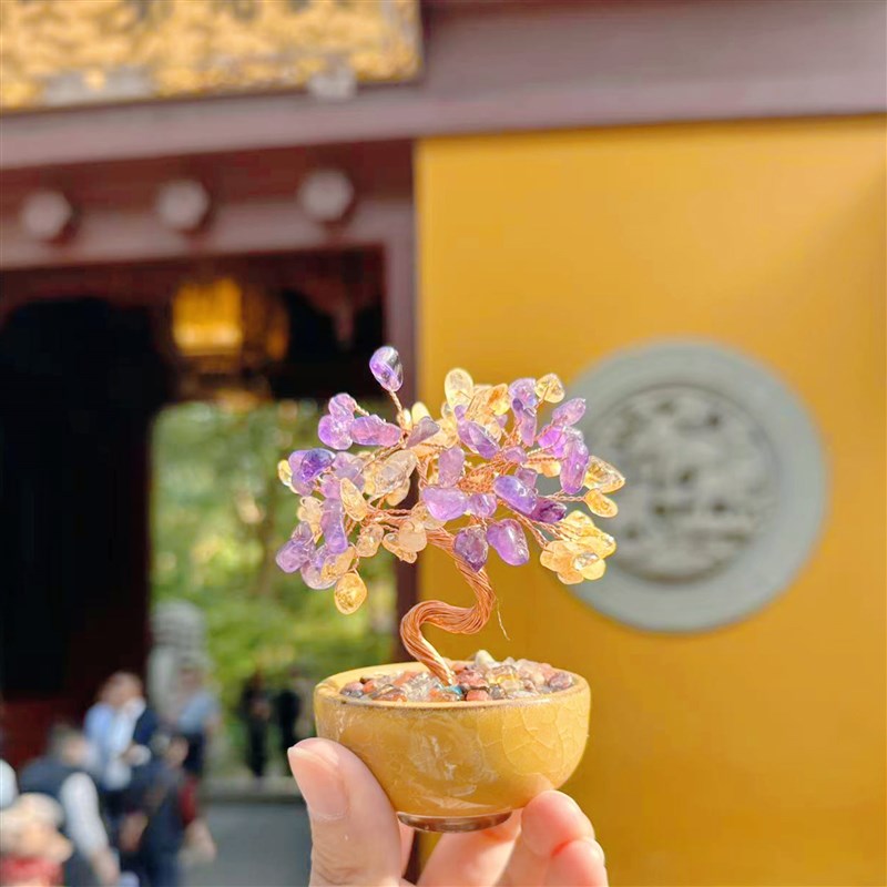 灵隐天然黄c水晶聚宝盆发财树家具客厅办公室招财摆件桌面装饰702