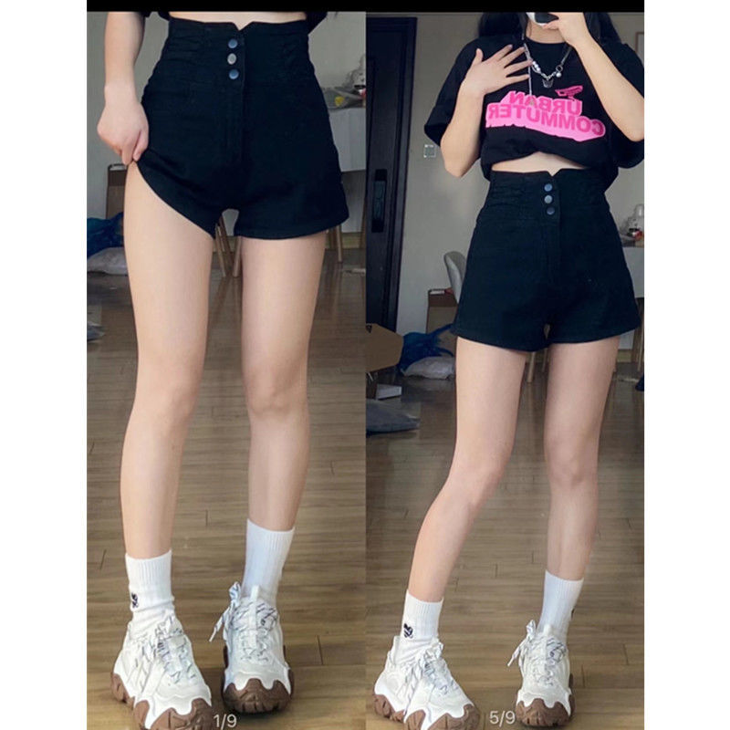 新品黑色高腰牛仔短裤女夏季薄款大码胖mm显瘦遮肚小个.子a字阔腿