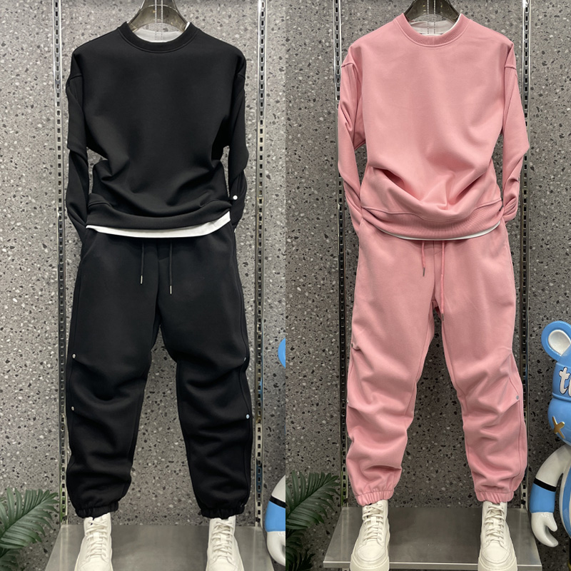 秋冬加绒加厚假两件套装男士纯色运动休闲卫衣卫裤男情侣装运动服