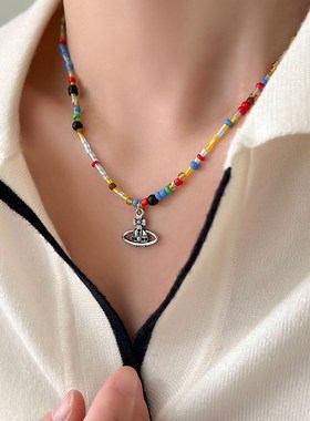 彩色串珠项链女2023年新款潮高级设计感小众锁骨链简约百搭脖颈链
