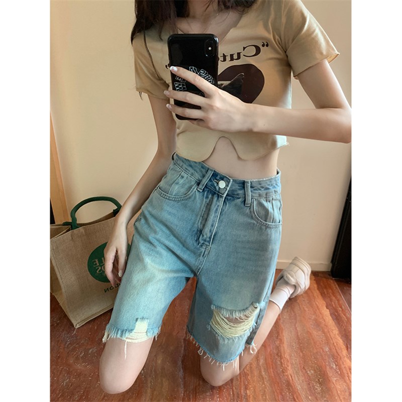 夏季薄款乞丐破洞牛仔短裤女小众设计感宽松百搭直筒五分骑行中裤