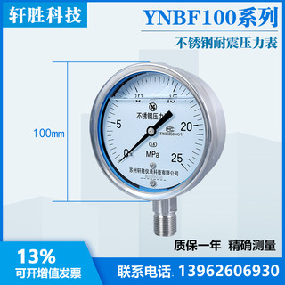 YN100BF 25MPa耐震不锈钢压力表 防腐型 全不锈钢抗震液压压力表