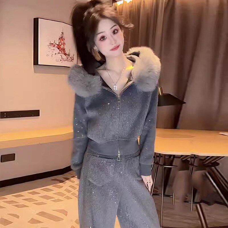 灰色时尚休闲套装女冬季2025新款韩版时髦洋气减龄加厚保暖两件套