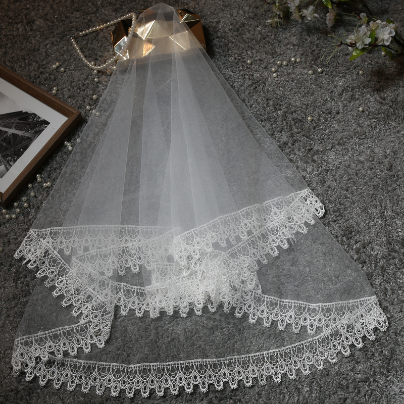 新品新款新娘头纱1.5米蕾丝亮片韩式结婚纱配件3米超长拖尾乳白色