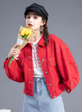 大红色牛仔外套女春秋n2023新款设计高级感时尚夹克上衣褂子牛仔