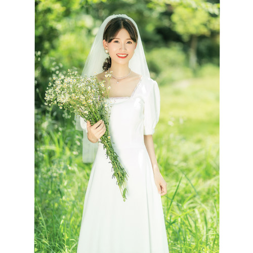 【白小仙】法式旅拍轻婚纱森系复古简约小个子新娘U领证礼服裙日