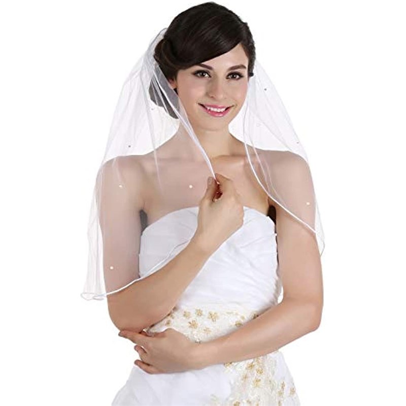现货速发2024女士新款纯白色头纱新娘婚纱配件米白色短款珍珠头饰