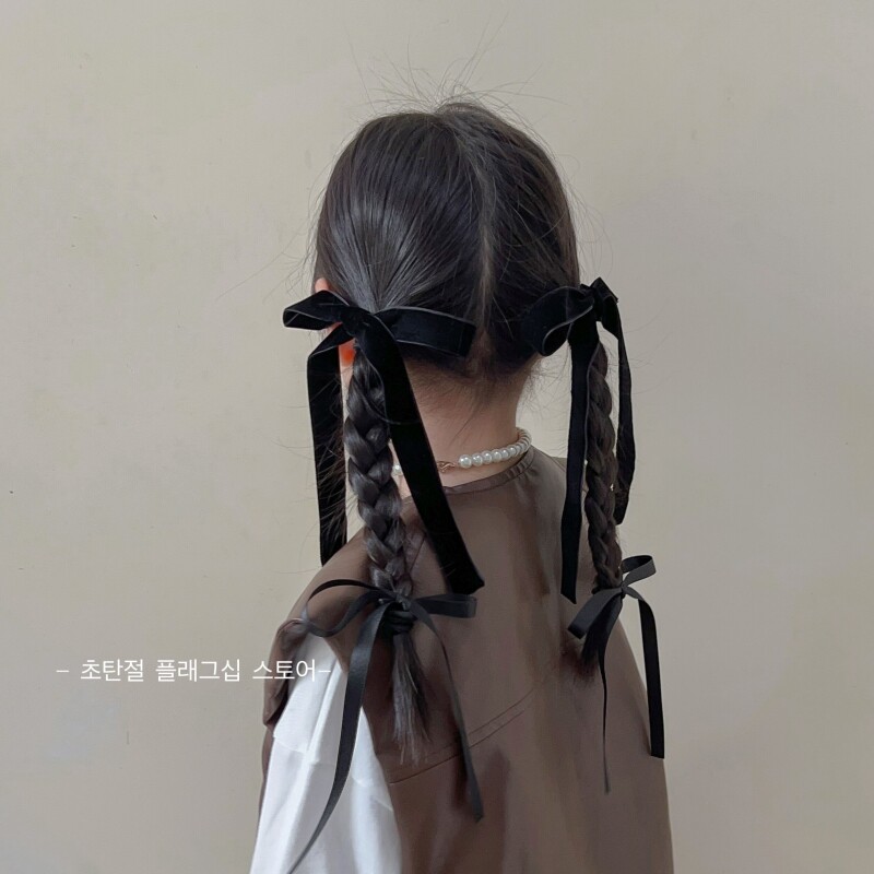 现货黑色高级感韩国女童r蝴蝶结头饰发夹长飘带丝绒发圈儿童发圈