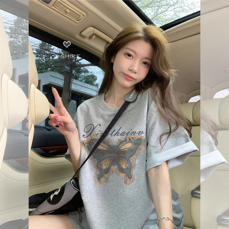 韩国2024夏今年流行爆款字母蝴蝶印花短袖T恤女复古休闲半袖上衣