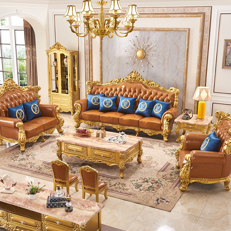 欧式沙发客厅实木皮沙发组合124茶几地柜富贵金别墅酒店大堂家具