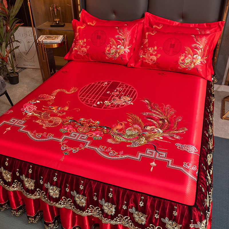 床裙款冰丝凉席中式婚庆大红三件套可机洗蕾丝花边1.8m床夏季席子,床上用品,冰丝席,淘宝优惠券,粉丝福利购,淘宝优惠卷