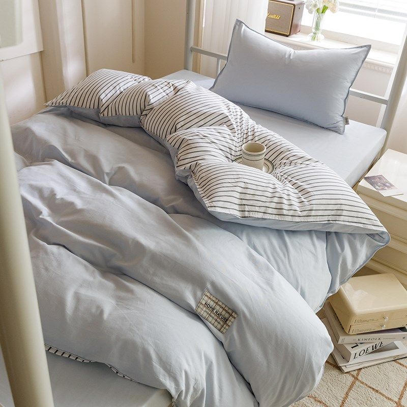 简约学生宿舍床上三件套全棉条纹被套上下铺床单四件套床笠款,床上用品,学生床品套件,淘宝优惠券,粉丝福利购,淘宝优惠卷