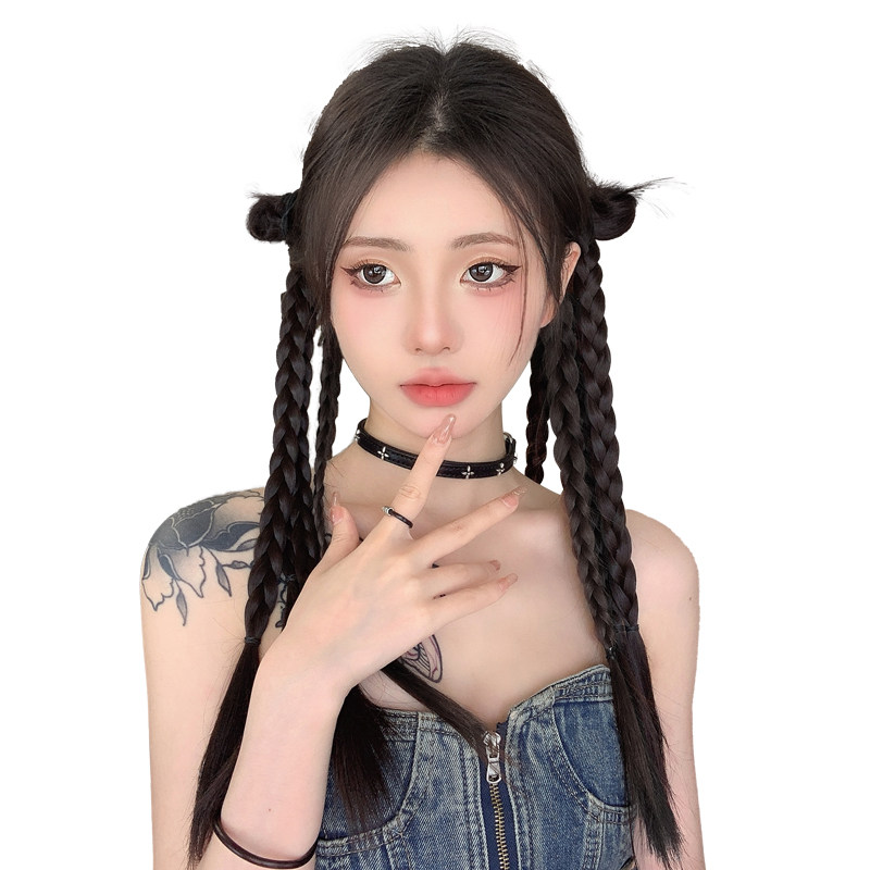假发辫子辣e妹拳击辫双马尾彩色挑染麻花辫编发高马尾y2k仿真发女
