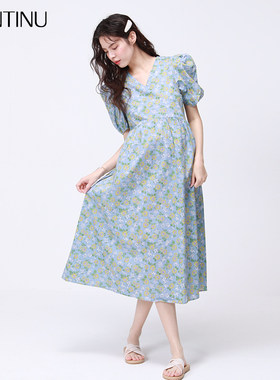 孕妇裙子V领碎花长裙2021夏季大码时尚a字雪纺连衣裙过膝夏天夏装