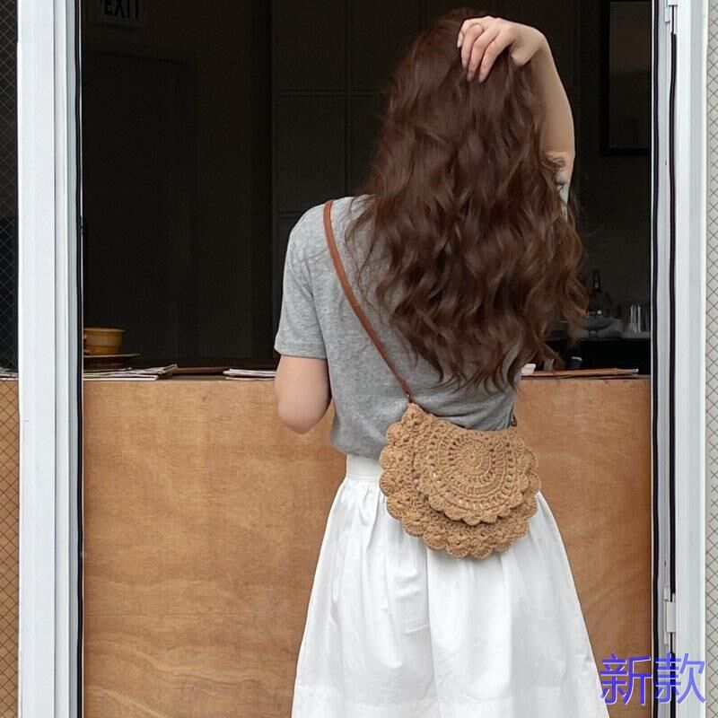 韩版斜挎镂空草编包新款花边单肩圆形草包编织包女海边度假沙新款