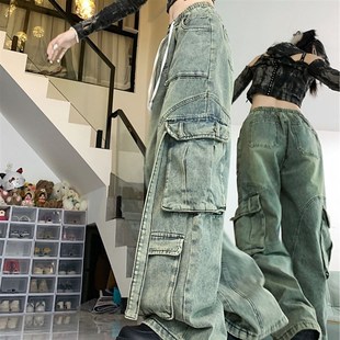 裤 m做旧水洗工装 女重工设计感宽松直筒阔腿长 高街复古牛仔裤 美式