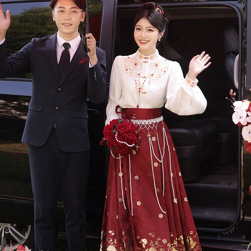 立领重工红色马面j裙汉服新中式敬酒服结婚订婚礼服裙套装2023新