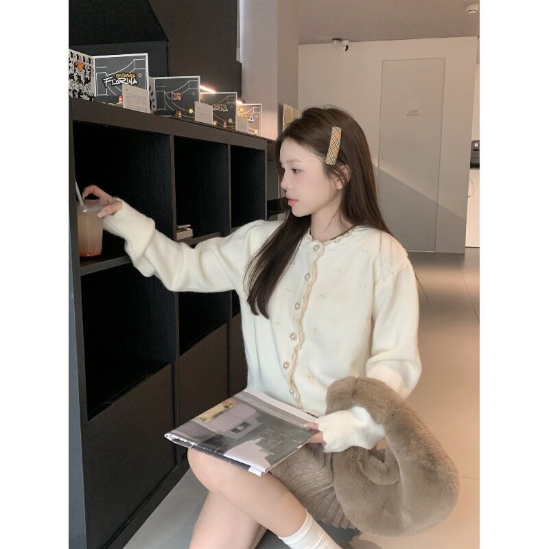 现货粉色蕾丝高级感长袖毛衣外套女春季爆款甜Q美气质超好看慵懒