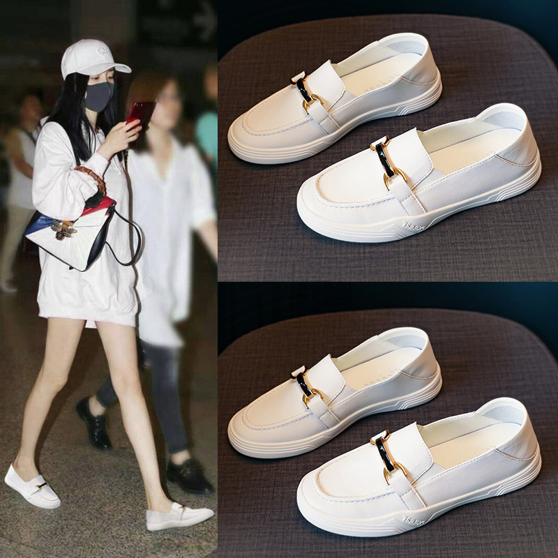 港风轻奢新款~厚底小白鞋女2024夏季真皮一脚蹬乐福鞋英伦小皮鞋