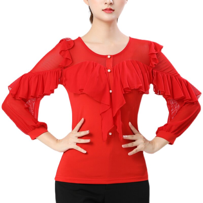 夏季吉特巴舞蹈服新款网纱圆领广场舞服装飞边舞服三步踩长袖上衣