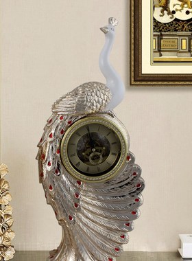 树脂电镀创意家居孔雀时钟装饰品客厅玄关电视柜公司前台座钟摆件
