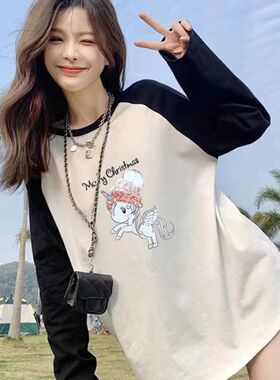 孕妇打底衫秋装韩版中长款圆领拼接撞色插肩袖纯棉大码长袖上衣潮