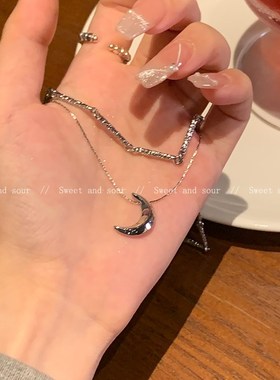 甜酷冷淡风双层月亮项链轻奢小众设计感高级气质锁骨链辣妹毛衣链