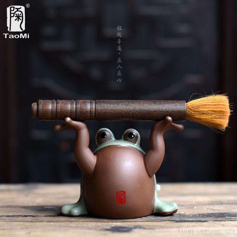 陶迷顶呱呱笔托手工宜兴紫砂茶宠摆件石头青蛙粗陶雕塑工艺品茶道