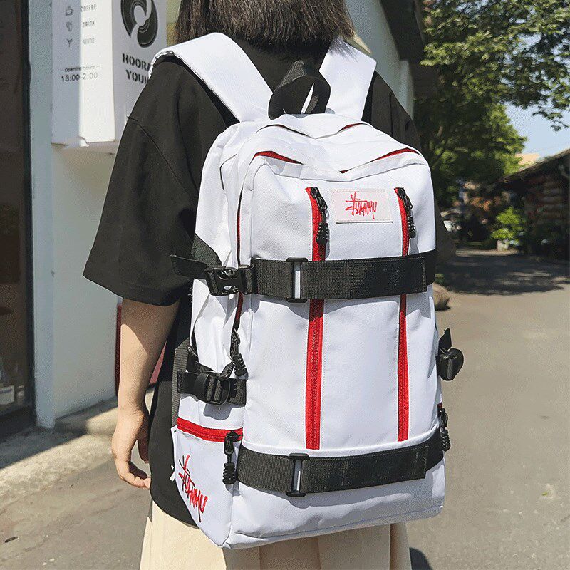 工装风书包男大学生高中生大容量运动旅行包电脑背包潮酷双肩包女