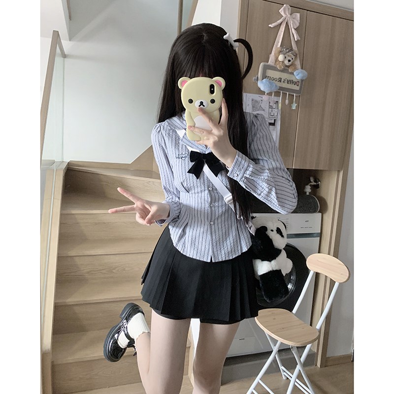 现货东京岁时记jk制服长袖衬衣春游会蓝色条纹衬衫女时尚百搭收腰