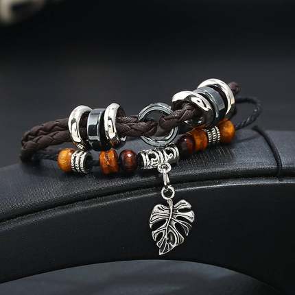 速发-Fashion Personality Leather Multilayer Woven Leaf Penda