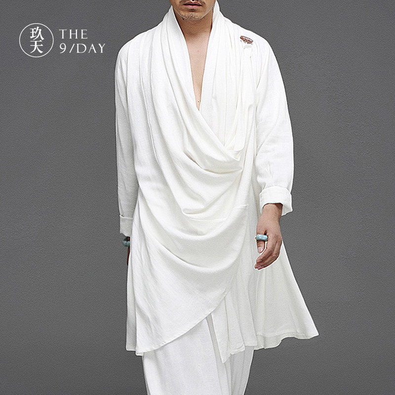중국 스타일 남성 선 명상 평신도 정장 HANFU 면화와 린넨 I 옷 느슨한 긴 망토 민족 도교 의류