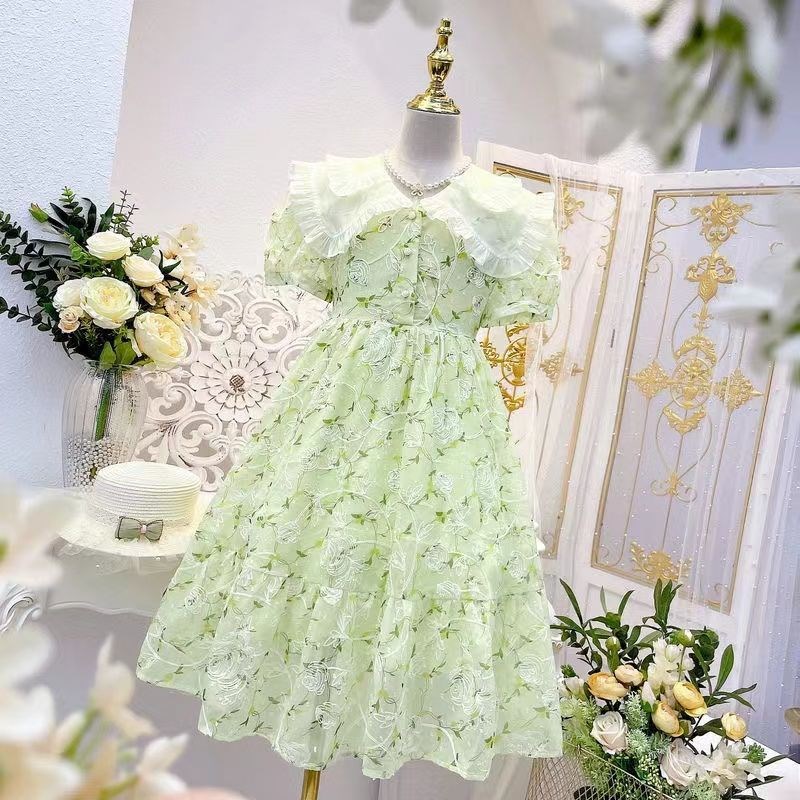 新品女童公c主裙儿童装夏季女中小大童韩2024新款洋气绣花雪纺连