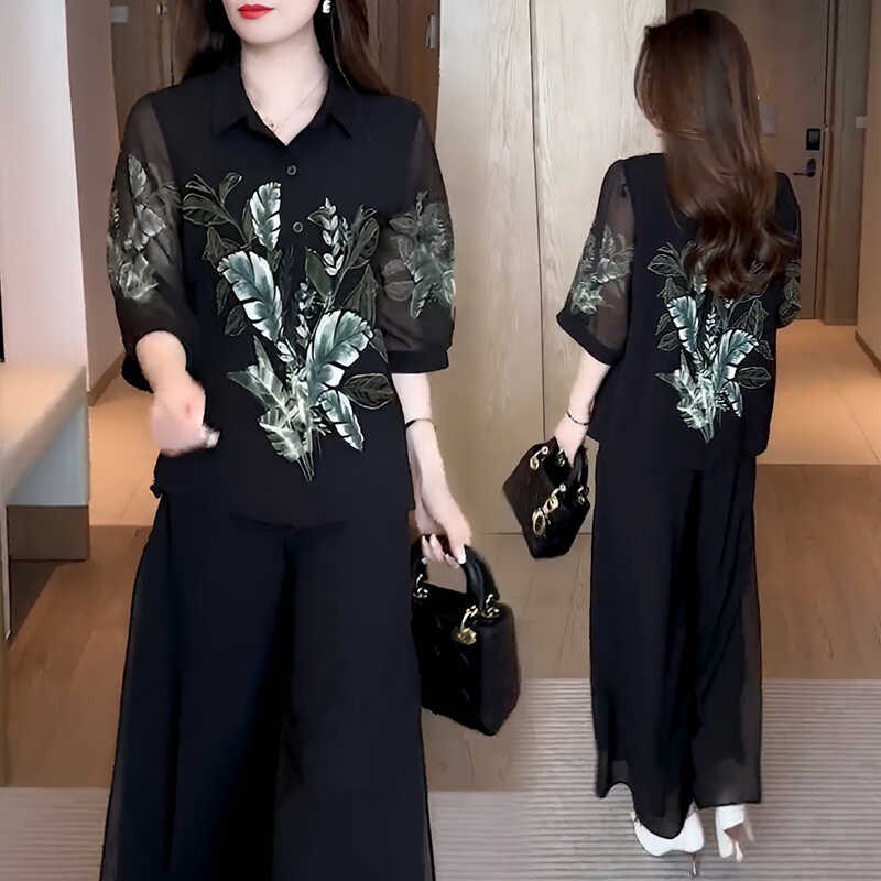 时尚套装女202k4夏季新款气质减龄显瘦遮肉洋气妈妈装阔腿裤两件