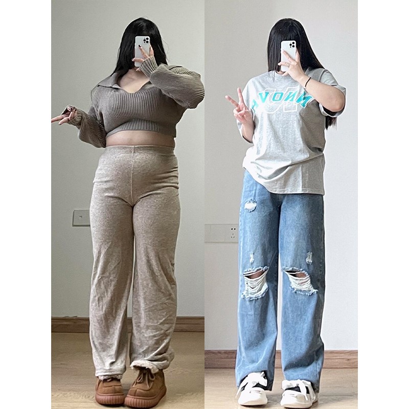 胖mm高腰破洞直筒牛仔裤女300斤大码女装宽松显瘦松紧腰阔腿裤子