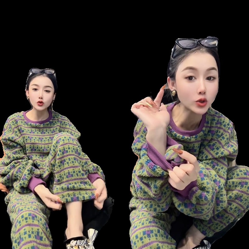 秋季网红时尚睡衣女休闲情侣宽松印花长袖圆领韩版豹纹家居服套装