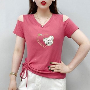 大码 显瘦体恤上衣潮款 夏装 亮丝潮流百搭修身 女t恤露肩v领短袖 韩版