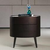 意式 极简椭圆形床头柜烟熏橡w木工艺带抽屉皮艺硬包卧室床边储物