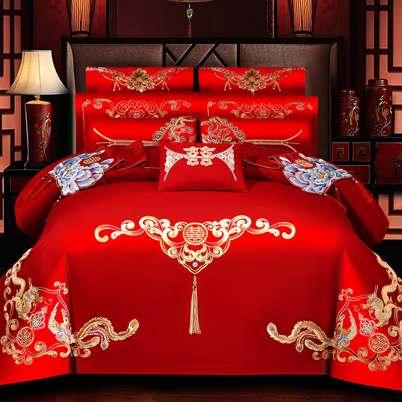 结婚四件套全棉刺绣龙凤婚庆大红喜庆被套婚房嫁床上用品六十件套,床上用品,婚庆床品套件,淘宝优惠券,粉丝福利购,淘宝优惠卷